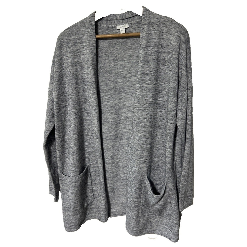 J. Jill Open Front Heather Gray Cardigan Drop Shoulders Front Pockets Size S